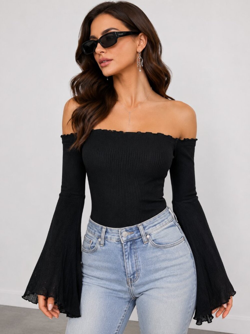 Black Ribbed Knit Off Shoulder Bell Sleeve Bodysuit NWT